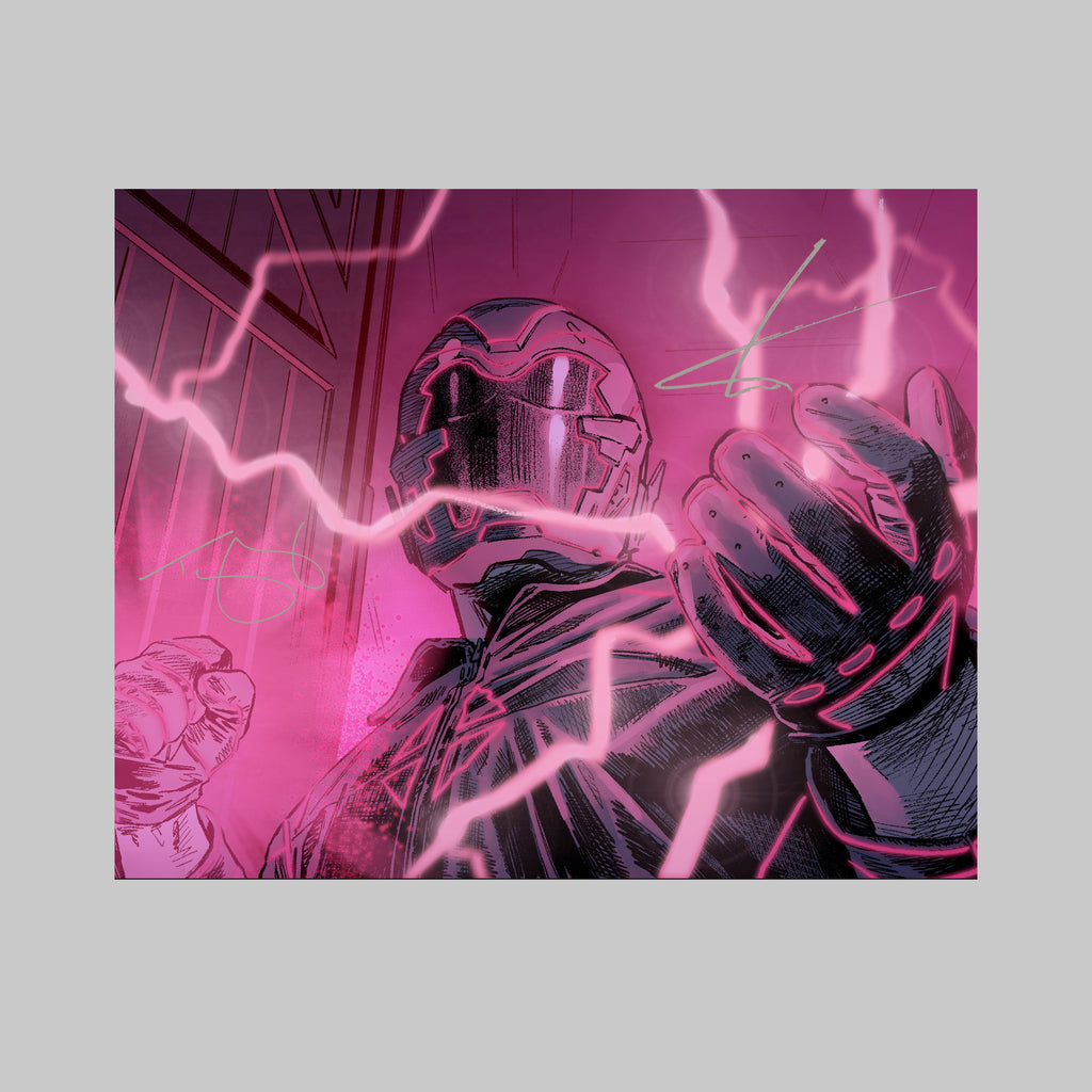 Armored figure wielding electrical energy in a pink-hued environment.