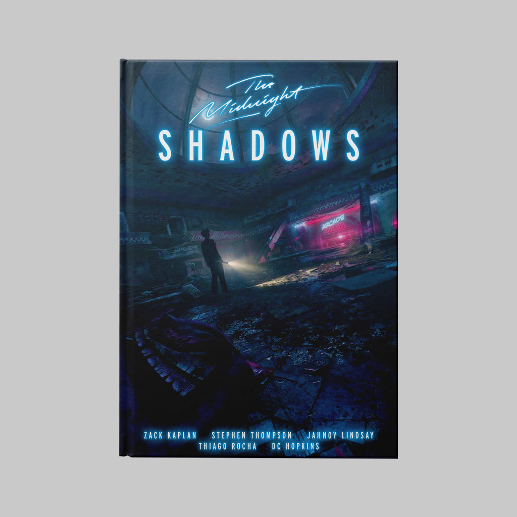 Book cover for ’The Midnight Shadows’ featuring a dark, futuristic cityscape with neon lighting.