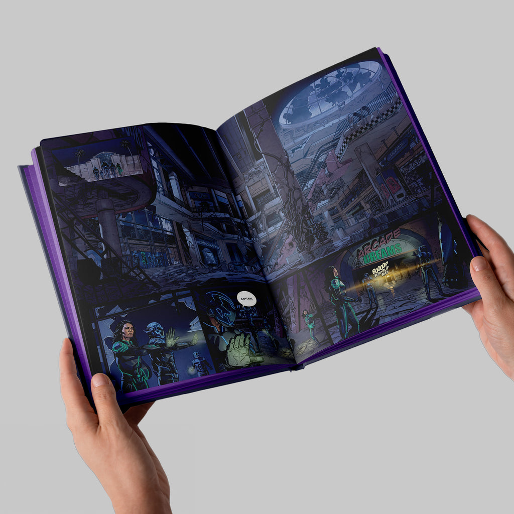 Open book displaying futuristic cityscape illustrations with neon and purple color scheme.